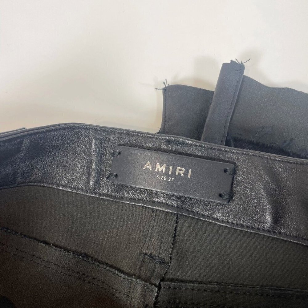 Amiri Leather Denim Crop Flare Jeans Button Fly Black 27 Distressed Hi-Rise NWT - Picture 6 of 12